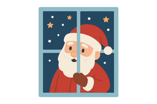 Santa Claus gazes out the window in a New Year vector illustration, rendered in cartoon style