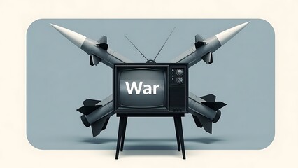 Vintage television displaying war with crossed missiles in the background