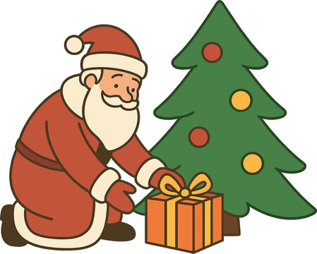 In a vector illustration for the New Year, either Santa Claus or Russian Father Frost places a gift beneath the Christmas tree, depicted in a cartoon style