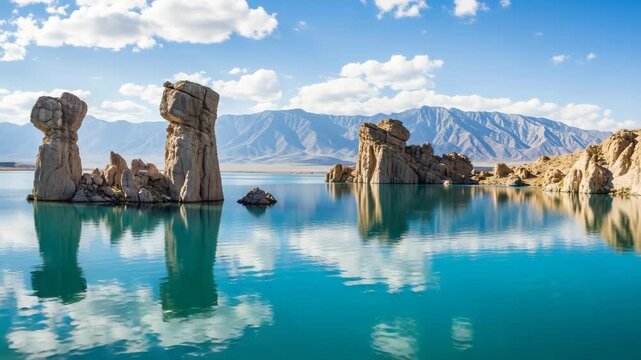 Majestic tufa rock formations emerge from a clear blue lake under a bright sky. Distant mountains frame the tranquil natural landscape, with reflections in the calm water
