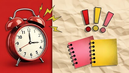 Red alarm clock and notepads with exclamation marks on split background