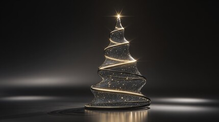 Obraz premium Elegant Spiral Glass Christmas Tree With Golden Glitter Light On Dark Background