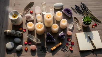 A serene collection of candles, crystals, and spiritual items creating a sense of peace and relaxation. The items are neatly arranged on a wooden surface.