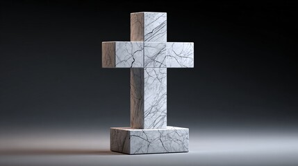 Naklejka premium Modern Minimal Gray Marble Stone Cross Sculpture On Dark Studio Background