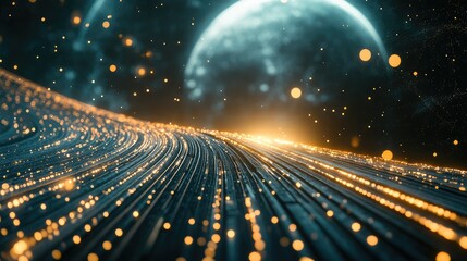 Glowing golden particles flow along numerous dark parallel lines, representing a dynamic surge of digital connectivity and transfer set against a galactic backdrop with a large celestial body