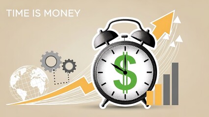 Time is money concept with alarm clock, dollar sign, gears, globe, and growth chart
