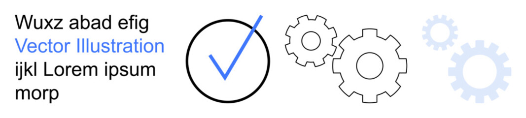 Workflow management, system optimization, quality control, business processes, software development, teamwork. Checkmark inside a circle and gear icons. Workflow management and system optimization