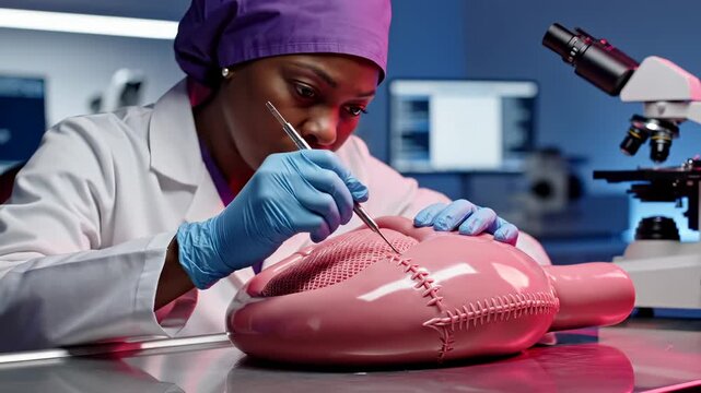 Female scientist examines stomach model with tweezers in laboratory setting. Woman researcher studies organ using forceps. Scientist analyzes stomach model. Female works with anatomical organ.