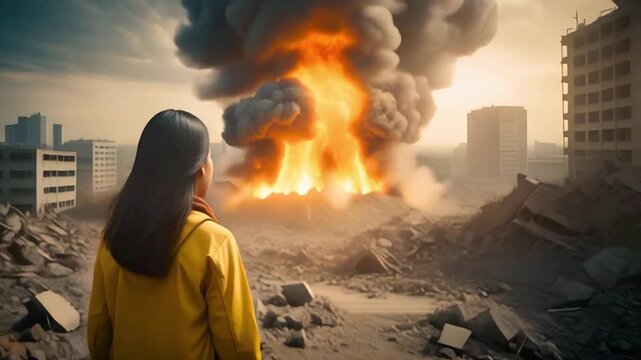Girl looking at the nuclear explosion. Atomic bomb blast in the city. Apocalypse and world war