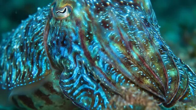 Cuttlefish showcasing its intricate skin patterns and brilliant colors, expertly blending into the textured seabed environment through rapid chromatophore changes