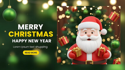 Merry Christmas and Happy New Year with Santa Claus, Gifts, and Festive Tree 