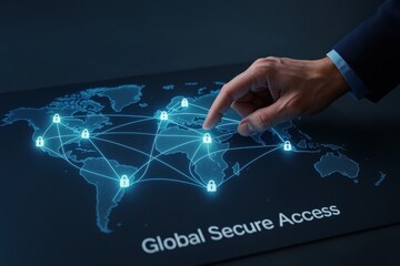 zero trust security architecture concept. Digital map illustrating global secure access with a hand interacting.