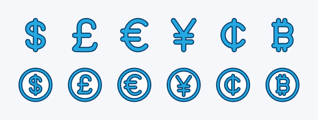 Set of currency icon. Money kind signs. Bank coin exchange symbol collection. Contains dollar, pound sterling, euro, yen, cent, bitcoin - vector illustration
