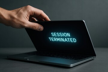 zero trust security architecture concept. A hand closing a laptop displaying "SESSION TERMINATED.