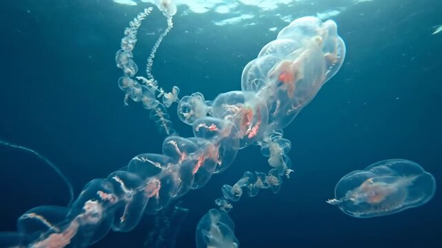 Siphonophore colony drifting through the deep ocean, exhibiting transparent bodies and intricate chain-like structure against the dark blue water, highlighting unique marine life