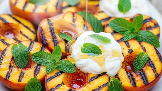 Grilled peaches with cream and mint: vibrant gourmet dessert closeup sequence