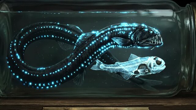 Two idia dragonfish, one large and bioluminescent, the other a translucent juvenile, preserving in a glass jar on a dark wooden shelf for scientific study and exhibition