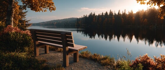 A wooden bench by the lake, quiet and peaceful on a autumn evening. copy space