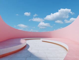 Open space, public area, minimalist style, pink architecture with a blue sky backdrop.