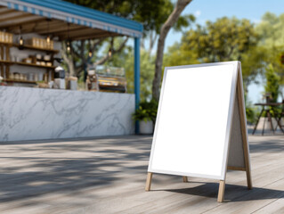 A blank white floor standing menu sign stands beside blue and white coffee shop for banner