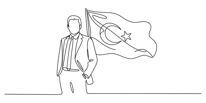 One line drawing of businessman standing next to turkish flag