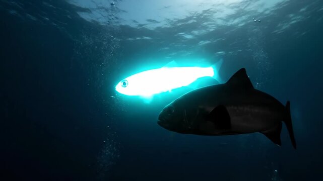 Deep sea lanternfish escaping from a large predator, using bioluminescence to camouflage against the faint light filtering from the ocean surface, creating a survival scene