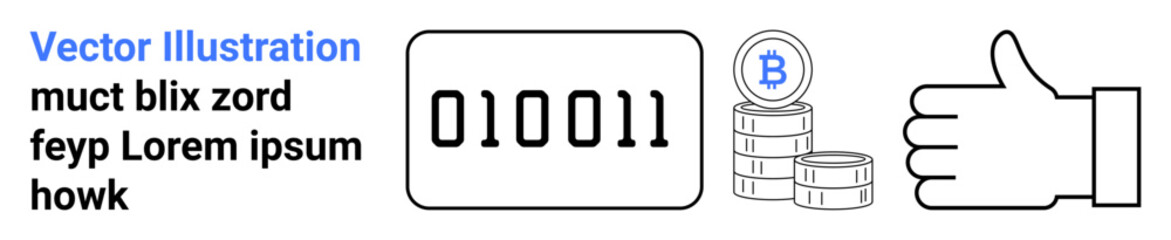 Cryptocurrency, digital finance, blockchain, online payment, coding, approval. Binary code, Bitcoin stack thumbs-up icon. Cryptocurrency and digital finance concept