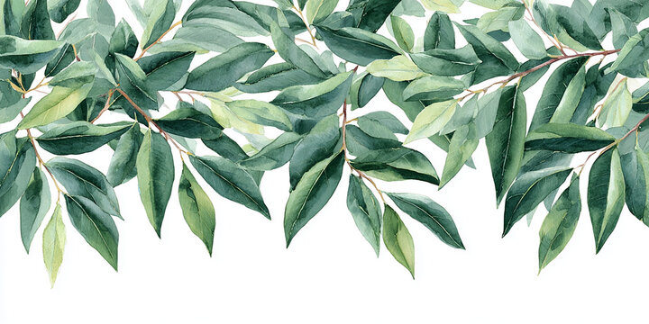 Watercolor bay laurel leaves forming a simple elegant top border frame for winter designs.