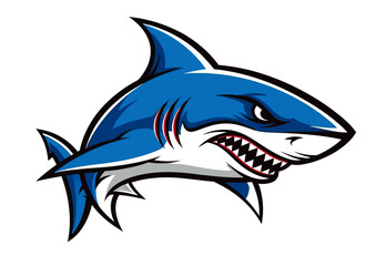 Obraz premium A fierce blue shark mascot with sharp teeth and red gills, ready to attack.