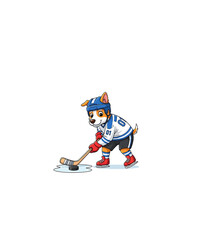 Obraz premium Cute Cartoon Dog Playing Ice Hockey in White and Blue Jersey