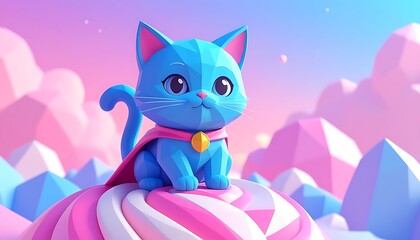 Animated, low-poly, cyan-blue kitten with pink cape on a candy swirl with stylized, pastel-colored, polygonal hills