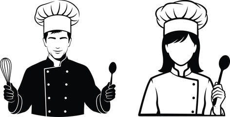 Male and female chefs in uniform holding cooking utensils illustration