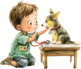 Child veterinarian boy puppy stethoscope checkup cartoon illustration watercolor cute caring