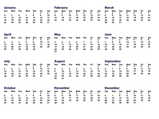 Full year calendar vector illustration with all twelve months on white background