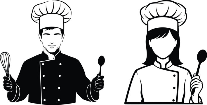 Male and female chefs in uniform holding cooking utensils illustration