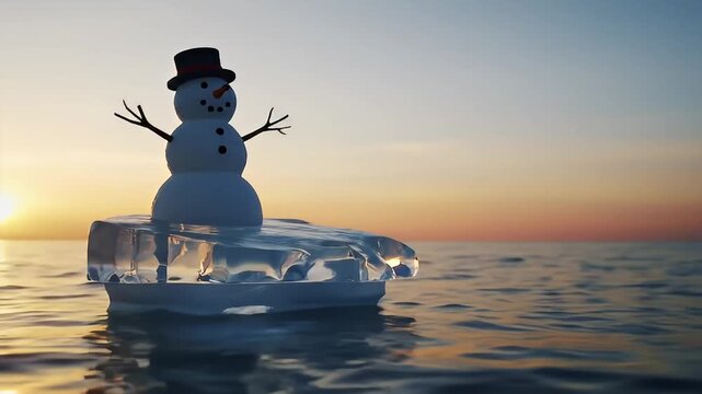 Snowman Standing on Floating Ice Block in Calm Ocean at Sunset Concept