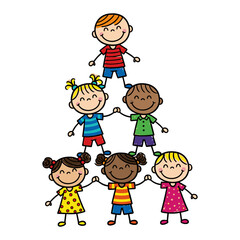 A group of diverse children build a human pyramid showing teamwork and friendship