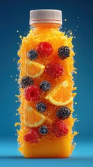 Fruit juice bottle surrounded by splashes with various fruits on a blue background