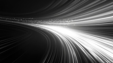 Flowing abstract light lines form a dynamic tunnel of motion and glow, evoking high speed data transfer, fiber optic networks, futuristic technology and energy in cyberspace