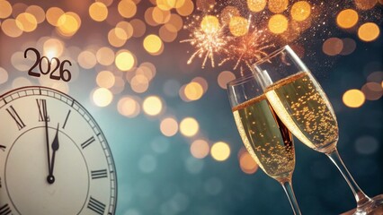 2026 - New Year Celebration With Champagne And Clock - Toast With Flutes - Abstract Defocused Bokeh Lights
