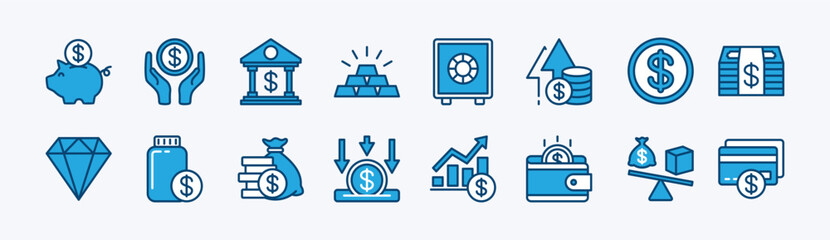 Set of finance icon. Contains piggy bank, savings, profit, safe, dollar coin, investment growth chart, currency, earning money increase, deposit, credit card, balance, gold, jewelry- illustration