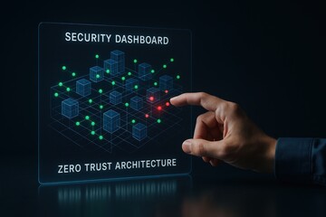 zero trust security architecture concept. Digital security dashboard with interactive data points and hand gesture.