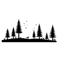 Obraz premium Pine Forest Silhouette with Deer and Birds: Black and White Nature Landscape Vector - Coniferous Trees and Wildlife Wilderness Scene Illustration
