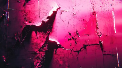 Abstract magenta backdrop displaying a rough, eroded metallic surface with intense illumination creating deep shadows and bright reflections, conveying themes of decay and vibrancy