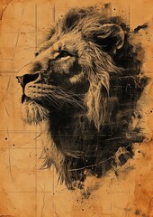 Vintage sketch of a male lion head in profile. Artistic ink drawing on old textured parchment paper. Grunge wildlife illustration