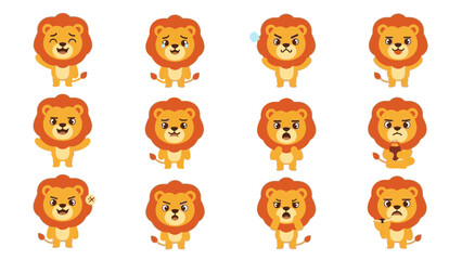 Fototapeta premium Cute cartoon lion character expressions and emotions in various poses 