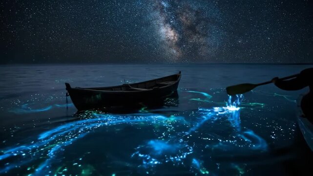 Bioluminescent plankton creating glowing patterns in the water at night, illuminating a small boat and a paddle under a dark sky full of stars and the milky way