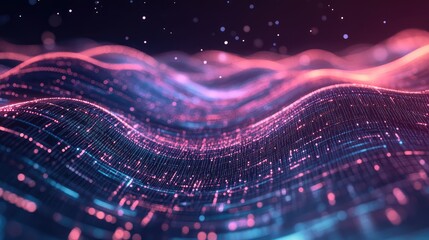 Abstract digital surface presenting a flowing network of lines and dots, creating an undulating wave pattern symbolizing technology, data stream, and particle visualization