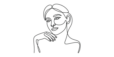 Minimalist continuous line drawing of a womans face and hand