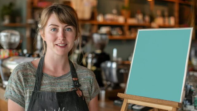 Barista explains coffee making steps with chalkboard in local cafe setting